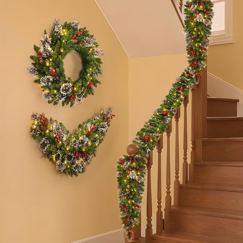 Pre-Lit LED Artificial Christmas Garlands Set of 6-2 Pcs Long Garlands, 2 Pcs Teardrop Decorations, 1 Round Wreath & 1 Arc Garland, Pine Cones, Berry Clusters, Christmas Collection