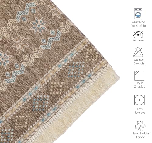 Image of Elegant Woven Brown Sofa Cover - Soft Chenille Traditional Pattern with Lace Style | L-Shape Sectional Seat Protector for Living Room | Durable & Stylish Slipcover 3+2 Seater Sofa Cover