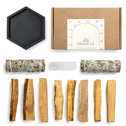 BESOULS Kit Premium de Limpieza Energética con 8 Palo Santo para Quemar, 2 Salvia Blanca, Selenita, Bandeja Hecha a Mano + QR Contenido Digital – Purificación y Meditación (Caja)
