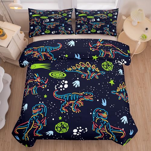 Image of NINENINE Dark Blue Dinosaur Bedding Sets for Kids Boys,Retro Dinosaur Bedding Comforter,Full Size Bedding Sets for Boys Kids, with 1 Comforter 2 Pillowcases