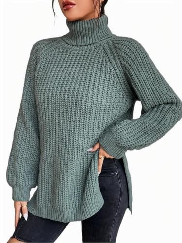 Women's Chunky Knit Turtleneck Sweater, Sage Green, Oversized Ribbed Design,