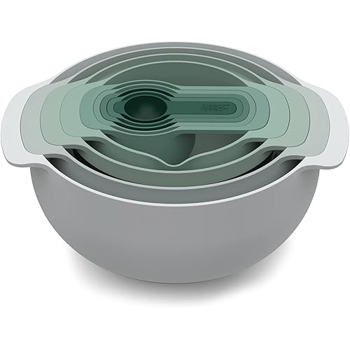 Joseph Joseph Nest 9 Nesting Bowls Set with Mixing Bowls Measuring Cups Sieve Colander, 9-Piece, Editions (Sage)