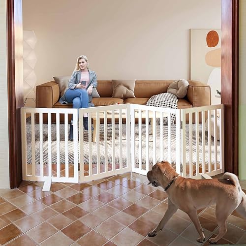 Image of Belief Foldable Wooden Pet Gate for Dogs & Cats - Indoor Safety Barrier for Doorways, Hallways & Stairs | Free-Standing, Portable White Dog Fence - 3 Panel, 60 cm Height (【4 Panels 】 78''W x 24''H)