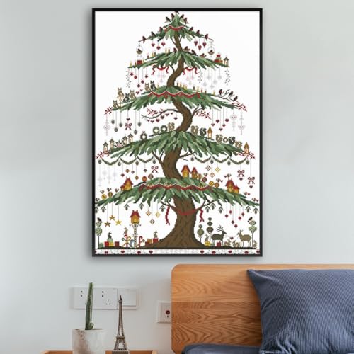 Image of Qeerysew Cross Stitch Kit Stamped Full Range of Embroidery Starter Kits for Beginners DIY- Printed kit Christmas Tree (2) (Printed) 14CT 18.9x25.98 inches