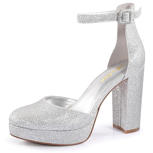 Image of Ankis Platform Closed Toe Heels for Women, Silver Womens Heels Closed Round Toe Chunky Block Pumps Shoes, 4 Inch