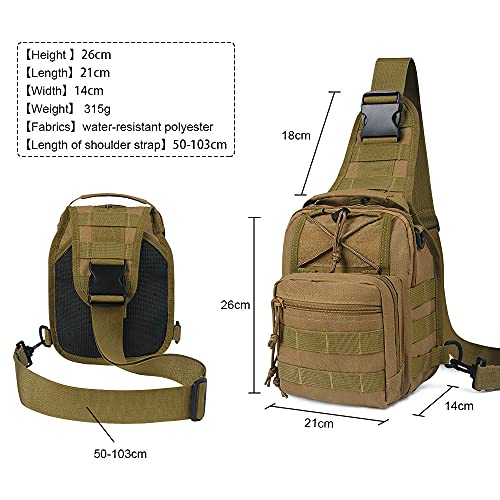 flintronic Taktische Sling Rucksack,Brusttasche mit Verstellbarem, Militär Schultertasche,Umhängetasche,Rucksack Schultertasche mit Karabiner für Outdoor Sport Camping Wandern - Khaki
