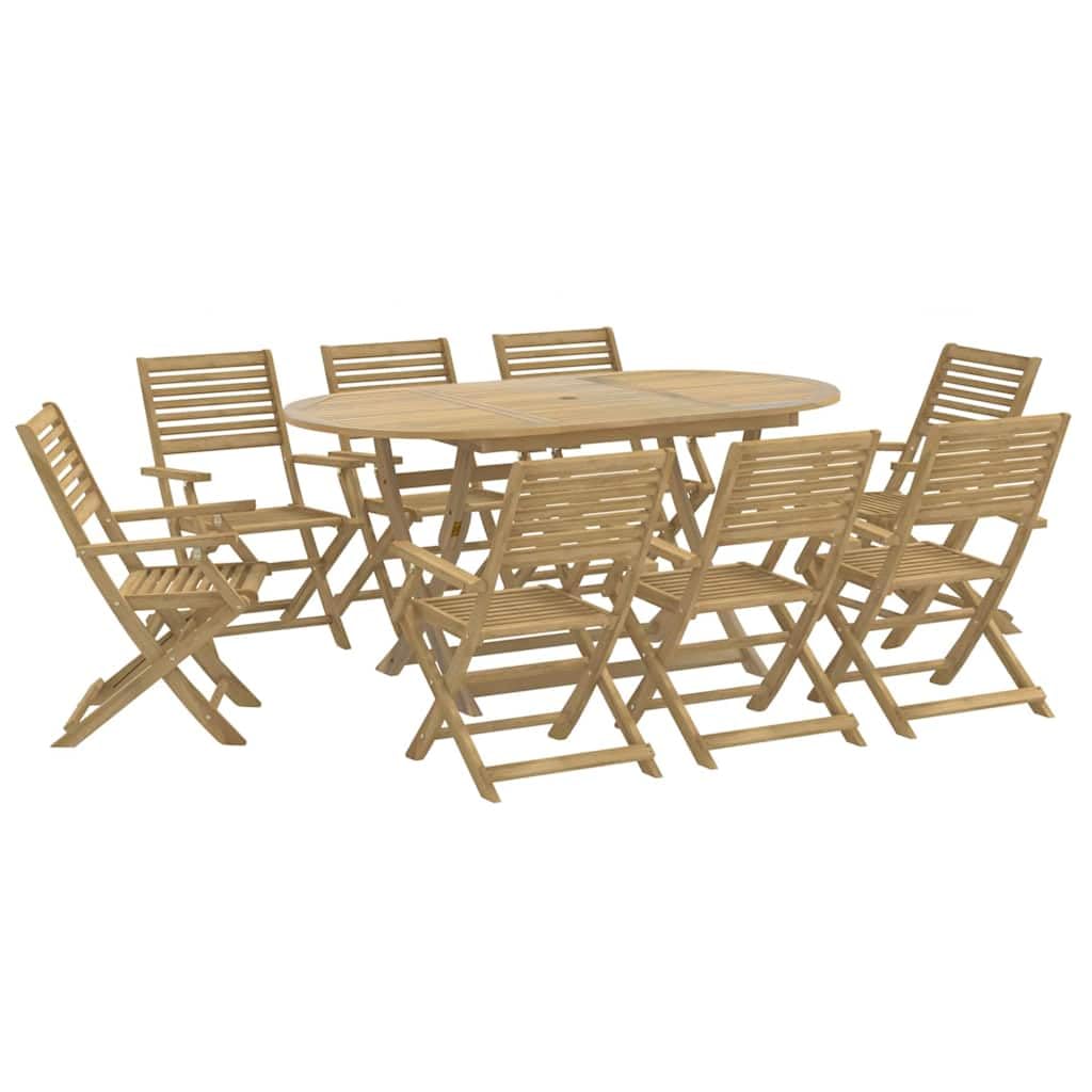 Juego de comedor de jardín de madera maciza de acacia plegable con diseño de listones y tablero robusto para 8 sillas y 1 mesa, hasta 110 kg por asiento