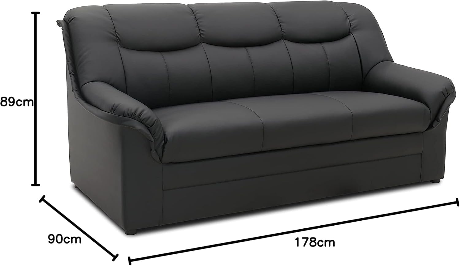 DOMO. collection Sofa Berlin, Leder, klassisches 3er Sofa, Polstergarnitur mit weichem Kunstleder und hochwertigem Federkern, 3 Sitzer 178 x 90 x 89 cm (BxTxH), schwarz