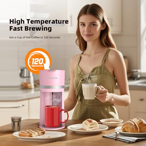 Mini Single Serve Coffee Maker for K Cup and Ground Coffee, Fast Brew One Cup Coffee Machine with Descaling Reminder and Water Window, 6 to 12 oz. Brew Sizes, Pink