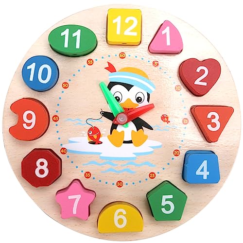 Image of Toyvian Clock Toy Wooden Teaching Clock Props Penguin Pattern Toys Teaching Time Number Puzzle Stacking for Kids Baby Toddlers