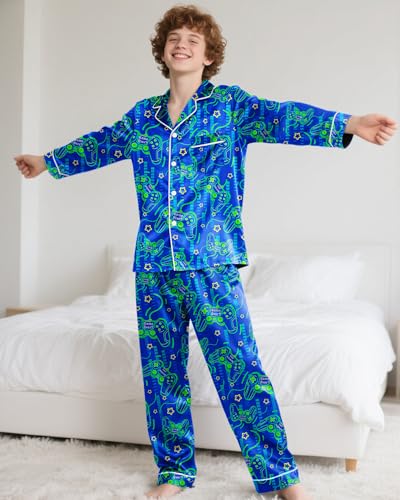Fiodrimy Boys Pajamas Silky Satin Big Boys PJs Set 2 Piece Sleepwear Button Down Kids Jammies Loungewear Clothes Size 8-144