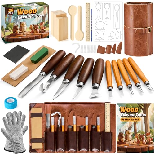 FANTICDE Attrezzi per Intaglio, Kit da 26 Pezzi per Principianti - Set Scultura con Istruzioni, Guanti, Tiglio, Cucchiai e Blocchi per Bambini e Adulti