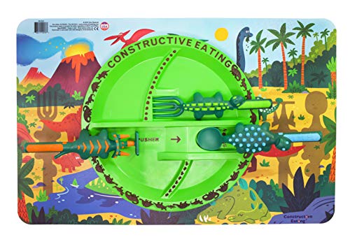 Constructive Eating Made in USA Dinosaur Combo with Utensil Set, Plate, and Placemat for Toddlers, Infants, Babies and Kids - Made with Materials Tested for Safety