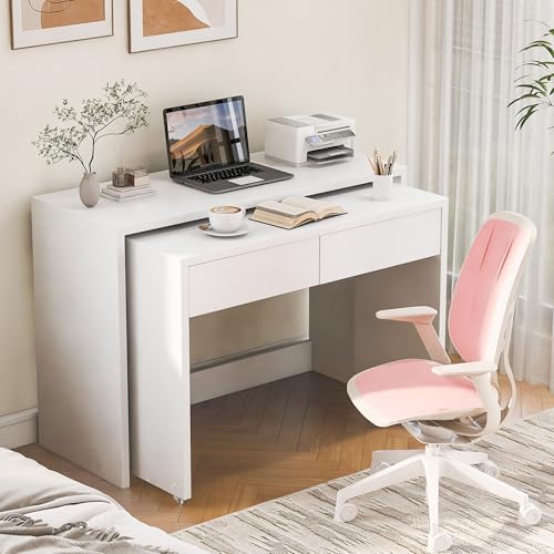 A ALFRESCOOL Escritorio plegable, escritorio con cajones, escritorio de esquina, aparador, escritorio con estantes, escritorio compacto 2-en-1, extensible, equipado con ruedas, 110×40×78 cm (Blanco)