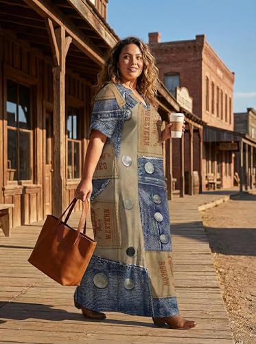 Image of SUZONANA Plus Size Denim Print Maxi Dresses for Curvy Women Casual Blue Jean Dress Summer Short Sleeve Tshirt Western Cowgirl Outfits 5XL