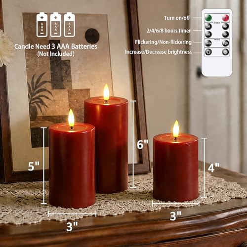 Image of Yeelida Remote Flameless Flickering Pillar Candles with Candle Grease Effect,Pack of 3 Burgundy LED Battery Oprated 2 /4 /6 /8 Hours Timer Real Wax Electric Candles(3x4,5,6 Inches)