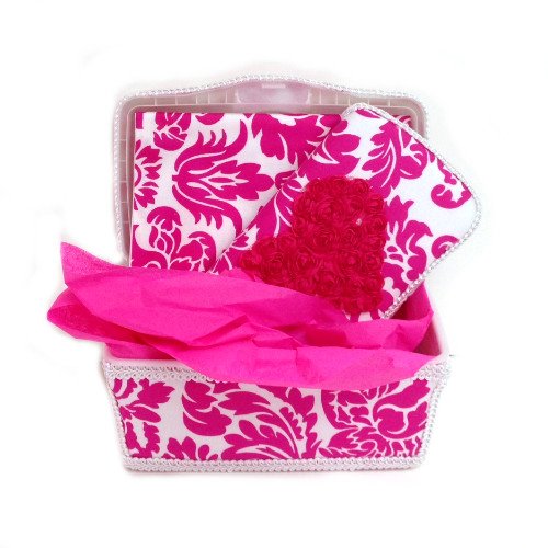 Hot Pink damask with hot pink chiffon heart 3 piece set baby basket