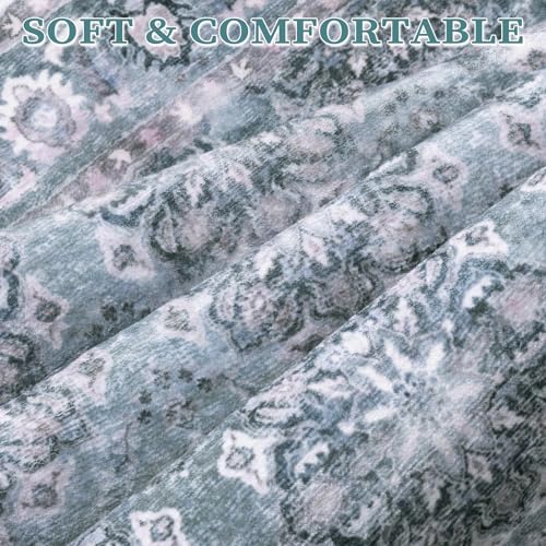 SERISSA Boho Area Rug 5x7 Blue Grey, Washable Large Rugs for Living Room, Ultra Soft Non-Slip Bedroom Rug Print Distressed Vintage Floral Carpet Rug for Dining Room Dorm Office Home Decor