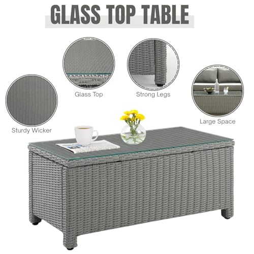 Image of DEVOKO 4PCS Patio Wicker Furniture Set Center Table Silver Grey Rattan Chairs and Grey Cushions Outdoor Furniture for Backyard, Garden, Blacony