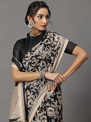 Image of AKHILAM Women's Bhagalpuri Silk Checkered Printed Tant Saree with Unstitched Blouse Piece