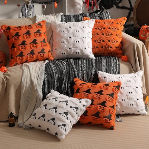Halloween Decorations Set of 2 Double-Sided Halloween Pillow Covers 16" x 16", with 2 Different Looks, Cure White Ghost & Ghost with Hat, Plush Faux Fur Throw Pillow Covers for Home Decor