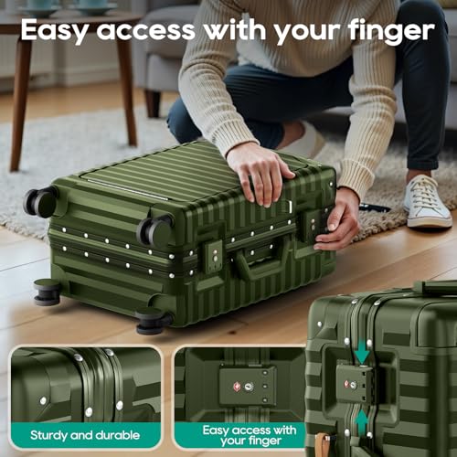 Image of Joyway 20 Inch Carry on Luggage with Aluminium Frame and Front Pocket, PC Hardshell Suitcase with USB Port and Cup Holder, 21.5x14.2x9 Airline Approved Luggage with Spinner Wheel, TSA Lock(Dark Green)