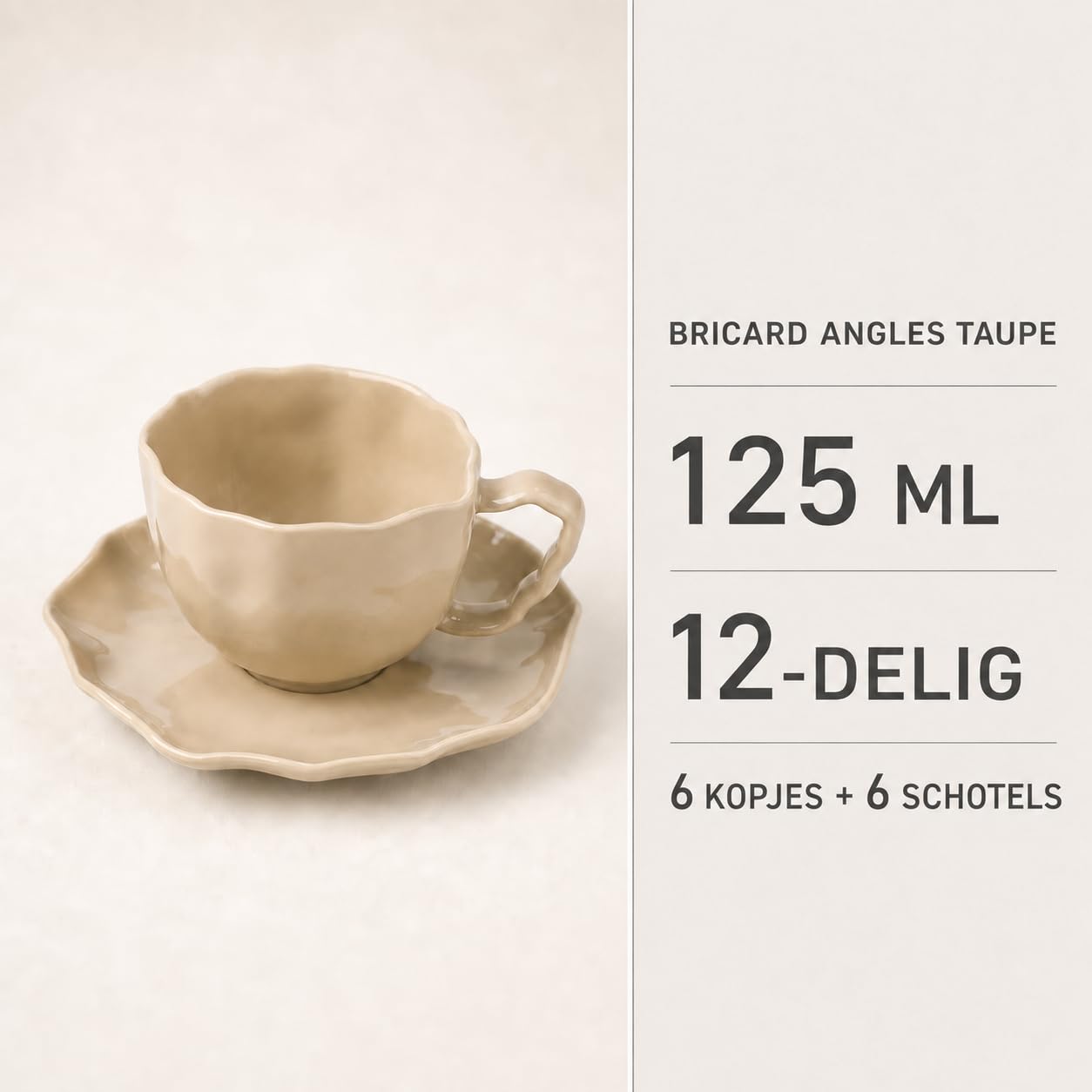 BRICARD Angles Espressotassen-Set für 6 Personen, 12-teilig – 6 Espressotassen 125 ml mit 6 Untertassen – Porzellan Taupe – spülmaschinenfest, mikrowellen- und backofengeeignet