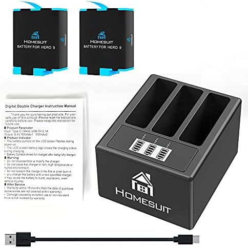 Homesuit Hero 11/10/9 Batteries 1800mAh and 3-Channel LCD Storage Charger for Gopro Hero 11 Black, Hero 10 Black, Hero 9 Black, Fully Compatible with Gopro Hero 11/10/9 Battery and Charger (2-Pack)
