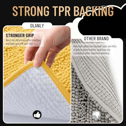 Image of OLANLY Thick Bathroom Runner Rugs 47x17, Extra Absorbent Chenille Striped Bath Rugs, Rubber Backing, Machine Wash Dry, Long Bath Mats for Bathroom Floor, Tub and Shower, Home Decor Accessories, Yellow