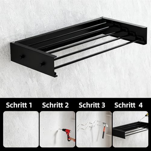 Wäscheständer Wandmontage, Wäschetrockner Wand mit 4 Stangen, Trockenständer 50cm, Ausziehbar, Faltbar Hide, Platzsparender, Kohlenstoffstahl, für Badezimmer, Balkon, Terasse (Schwarz mit Haken)
