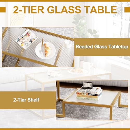 Coffee Table Gold Glass Coffee Table for Living Room,2 Tiers Rectangle Center Table with Ribbed Glass Top and Sturdy Metal Frame,Modern Glass Accent Table for Bedroom Home Office - Image 6