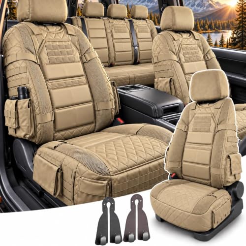 Pealeaf Funda de Asiento Táctica con Organizador, Protector Robusto Estilo Militar, Cubierta Universal para Coche SUV Camión, Verde (Khaki)