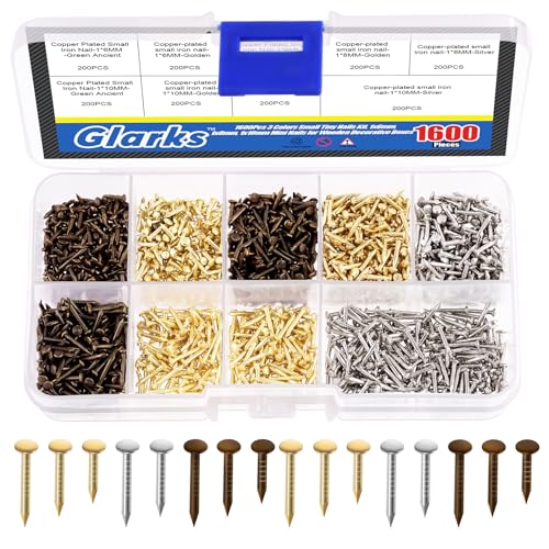 Glarks 1600 pezzi Small Tiny Nails Kit Wooden Screw Nail Gold Silver Bronzo 1 X 6 mm 1 X 8 mm 1 X 10 mm Mini chiodi per accessori hardware fai da te installazione fissa