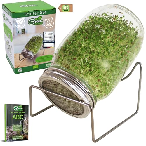 Green SEEDS Sprossenglas Keimglas 1er Set 1000ml mit hochwertigem Edelstahl-Gitterdeckel Ständer + Sprossen-ABC [Druckversion]