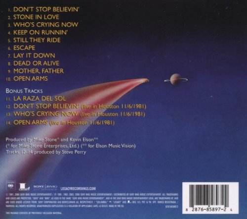 Back cover of the Journey 'Escape' album CD case, showing the tracklist and production credits.