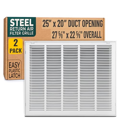 [2 Pack] Fits 25x20 Duct Opening | Steel Return Air Filter Grille by Handua [Removable Door] | Vent Cover Grill | White | Easy-to-Use Plastic Latches | Out Dim:s: 27 5/8"W X 22 5/8"H