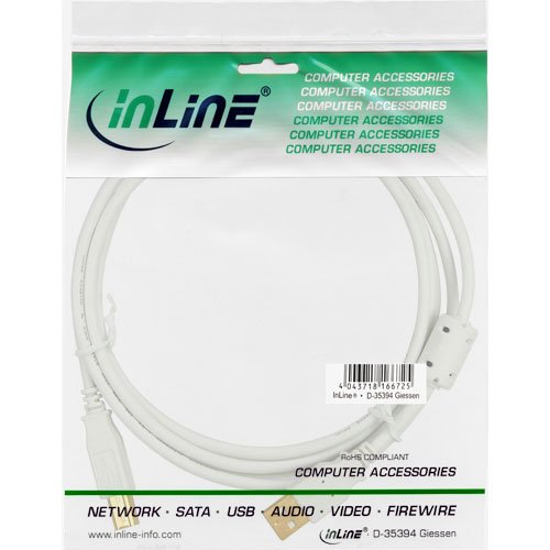 InLine USB 2.0 Kabel A Auf B – 1,5m, Weiß/gold, Mit Ferritkern