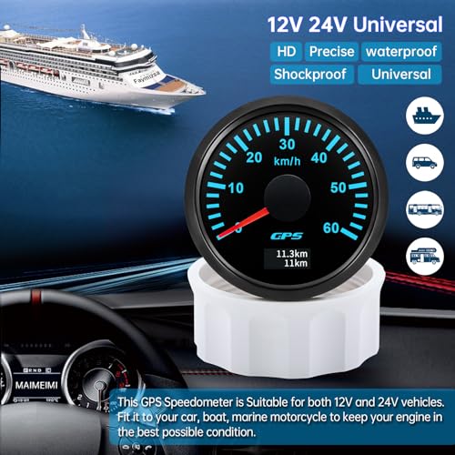 52mm Geschwindigkeitsmesser Boot GPS Tacho Kilometerzähler 0-60Km/H Wasserdichter IP67 7-Farben Tachometer Messgerät für Auto Boot Yacht 12V/24V …