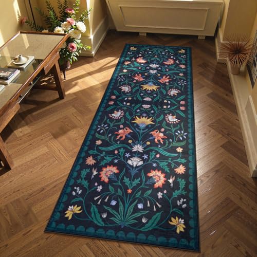 Lahome Boho Floral 2x6 Washable Kitchen Hallway Runner Rug Non Slip, Dark Blue Bathroom Carpet Runner, Soft Non-Skid Runners for Entryway Laundry(Dark Blue,2x6) 2' x 6' (Runner) Dark Blue