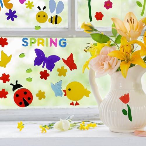 4 Stück Frühlings-Gel-Fensteraufkleber, Frühling Deko, elastische Frühlings-Gel-Fensteraufkleber, Feiertags-Gelee-Aufkleber, Vögel, Schmetterlinge, Fensterbilder Frühling-Fensteraufkleber, Dekore