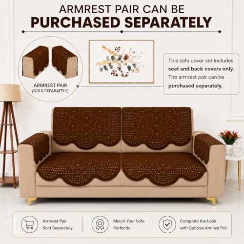 Image of Homerz Premium 'Surya Series' Sofa Cover | Stylish Sofa Protector | Net Fabric | Anti-Stain & Washable Slip Cover Exact Size Antislip (Flower Valley Brown, 2 Seater, Seat Cover with Backrest)