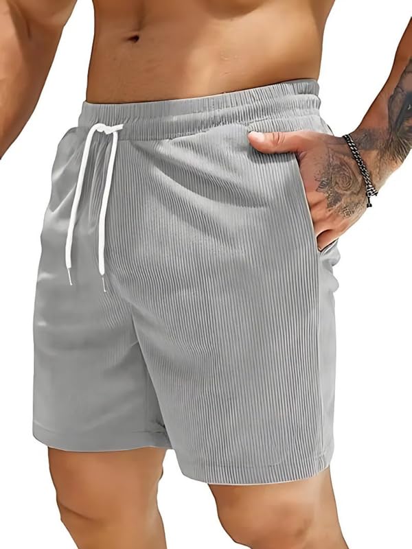 SMOWKLY Men’s Premium Polycotton Casual Ribbed Shorts || Elastic & Drawstring Waist with 2 Pocket || Loose Fit Lightweight Burmuda Perfect for Workout, Beach & Summer