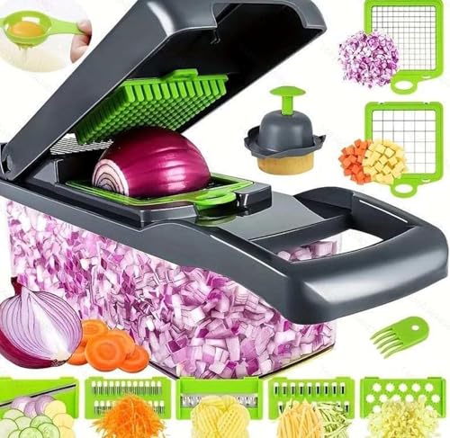 Generic Vegetable Chopper, Pro Onion Chopper, Multifunctional 16 in 1 Food Premium Kitchen Copper-Infused Vegetable Cutter With 12 Blades, Bread Slicer, Cutter, Home Essentials, small, Gray, QCQ-1