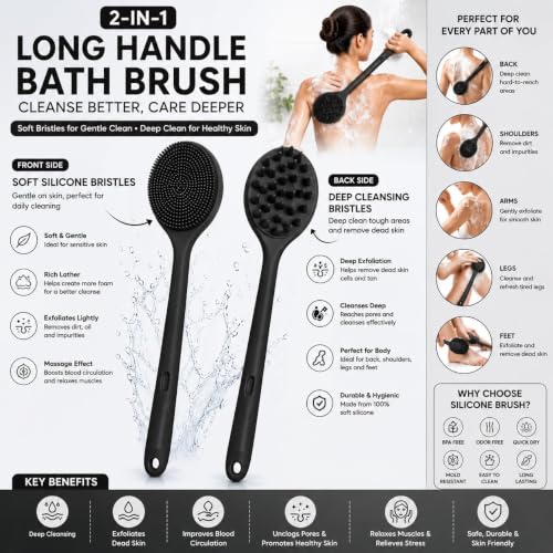 Image of LUMONY 5 -in-1 Soft Silicone Bath Brush Set | Back Scrubber Belt | Long Handle Back Scrubber + Body Scrubber + Scalp Massager + Face Massager | Super Exfoliating & Lathering Shower Brush | BPA-Free | For Men & Women (With A Free 3pcs Hook)