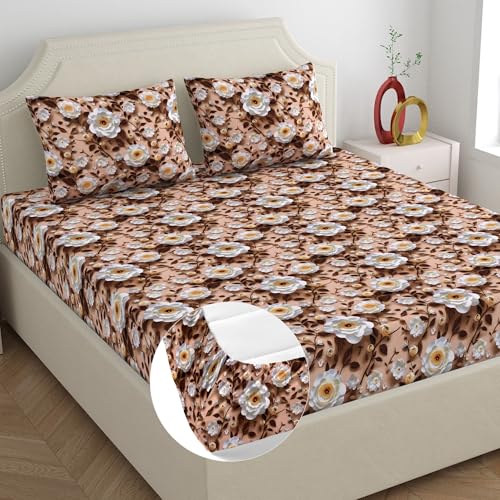 Image of Home Ecstasy Microfibre Wrinkle & Fade Resistant Fitted Bedsheet for King Bed with 2 Pillow Covers (Size 72 x 78 inches | 150 GSM | Colour Brown)