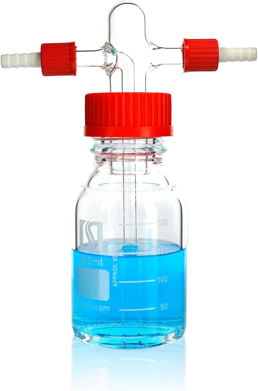 ALWSCI 250 mL Gaswaschflasche Gas Washing Bottle, Borosilikatglas-Laborgaswaschflasche mit GL45 Polypropylen rot Schraubverschluss-System, 1set