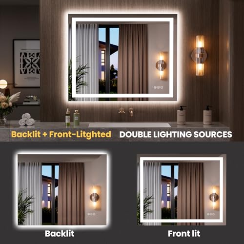 Image of LOAAO 39.4 inchx31.5 inch LED Mirror for Bathroom, Lighted Bathroom Mirror with Lights, Anti-Fog, Dimmable, Memory Function, Clear Reflection