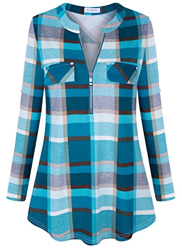 Image of Bulotus 3 /4 Length Sleeve Womens Striped Tops Zipper V Neck Collared Blouses Business Casual Tunics 2026 Spring Trendy