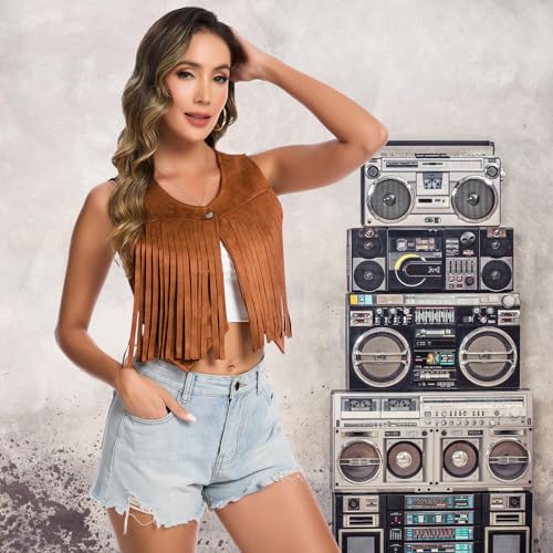 Women's 70s Hippie Vest Disco Outfits Fringe Vest 60s Faux Suede Sleeveless Tassel Cowgirl Jacket Party Halloween4