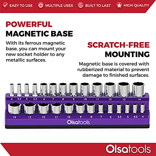 Image of Olsa Tools Magnetic Socket Holder | 1 /4-inch Drive | Metric | Purple | Holds 26 Sockets | Professional Quality Tools Organizer